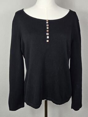 J. Jill Soft Cotton Black Long-Sleeve Scoop Neck Sweater with Button Trim Size L